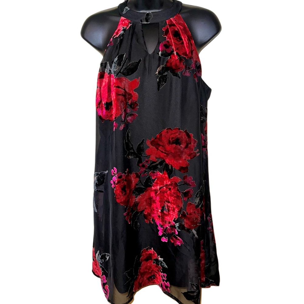 Lilly Rose Black Halter Open Neck Dress Velvet Red Black Floral Detail Size M